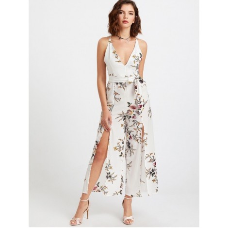 Plunging Self Tie M-slit Strappy Back Florals Jumpsuit