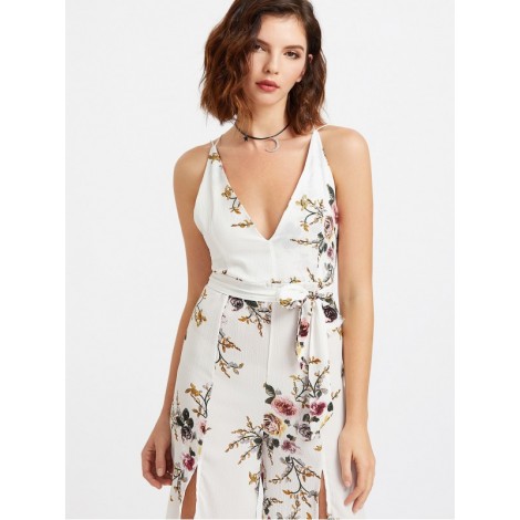 Plunging Self Tie M-slit Strappy Back Florals Jumpsuit