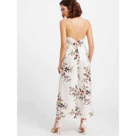 Plunging Self Tie M-slit Strappy Back Florals Jumpsuit