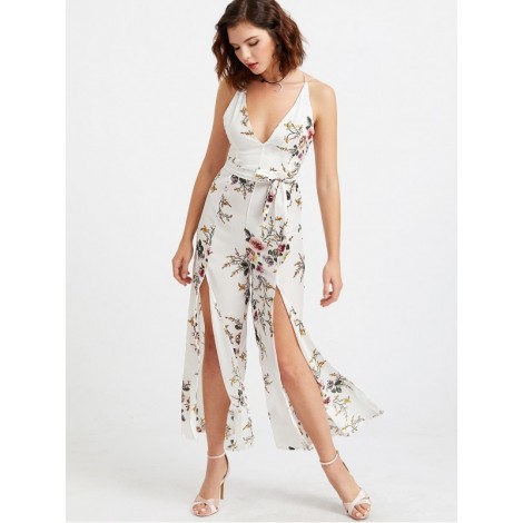 Plunging Self Tie M-slit Strappy Back Florals Jumpsuit