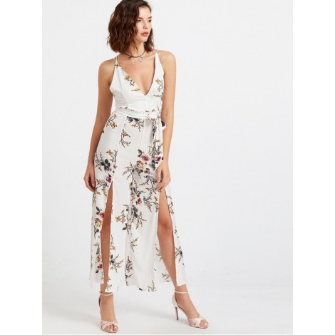 Plunging Self Tie M-slit Strappy Back Florals Jumpsuit