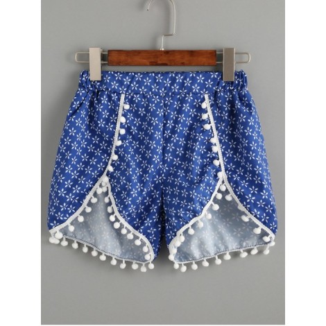 Vintage Print Pom Pom Trim Shorts