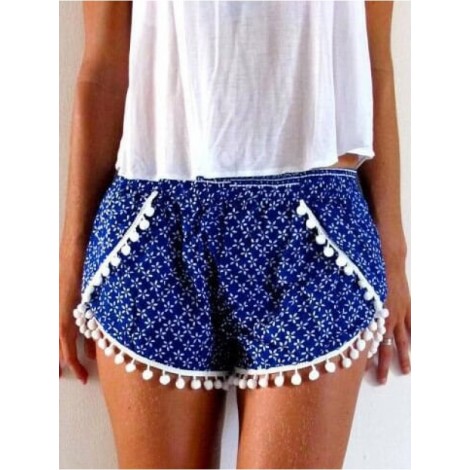 Vintage Print Pom Pom Trim Shorts