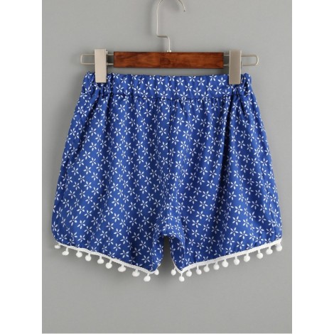 Vintage Print Pom Pom Trim Shorts