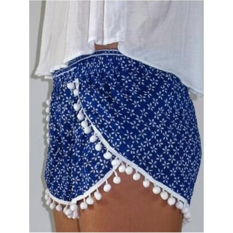 Vintage Print Pom Pom Trim Shorts