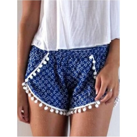 Vintage Print Pom Pom Trim Shorts