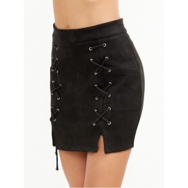 Suede M Slit Grommet Lace Up Fitted Skirt