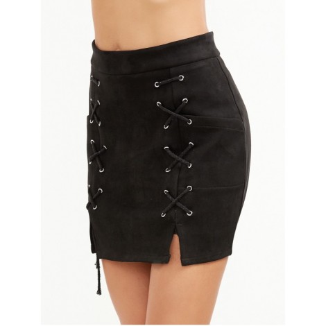 Suede M Slit Grommet Lace Up Fitted Skirt