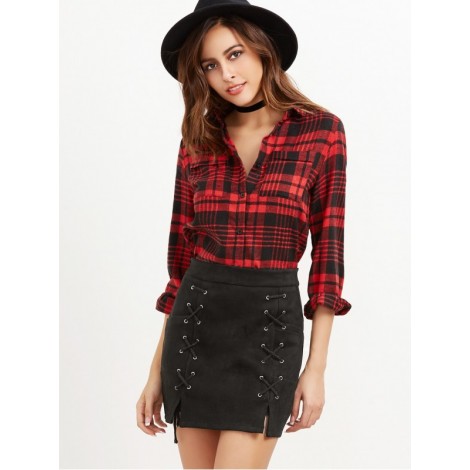 Suede M Slit Grommet Lace Up Fitted Skirt