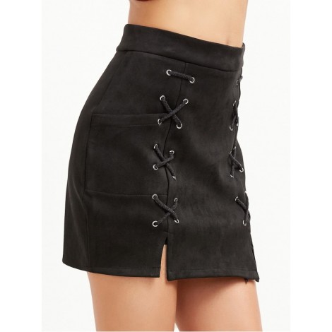 Suede M Slit Grommet Lace Up Fitted Skirt