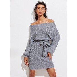 Batwing Sleeve Self Tie Sweater Dress