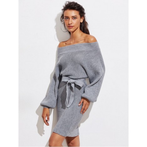 Batwing Sleeve Self Tie Sweater Dress