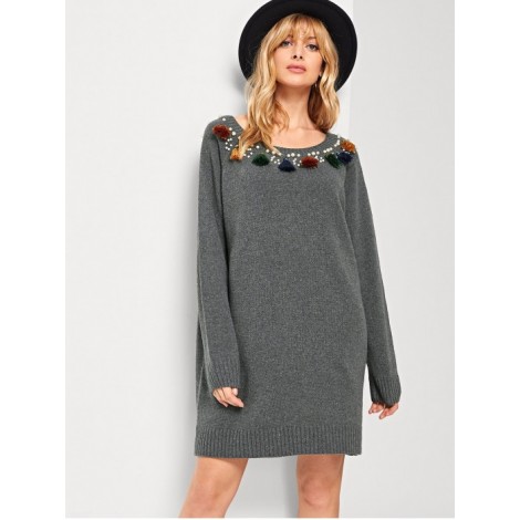 Pearl Beaded Tassel Detail Sweater Dress