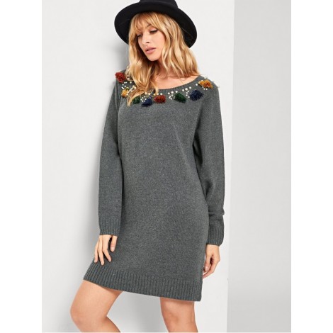 Pearl Beaded Tassel Detail Sweater Dress