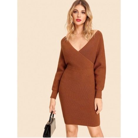 Double V Neck Slim Fitted Batwing Knit Dress