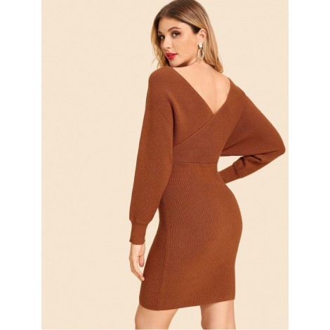 Double V Neck Slim Fitted Batwing Knit Dress