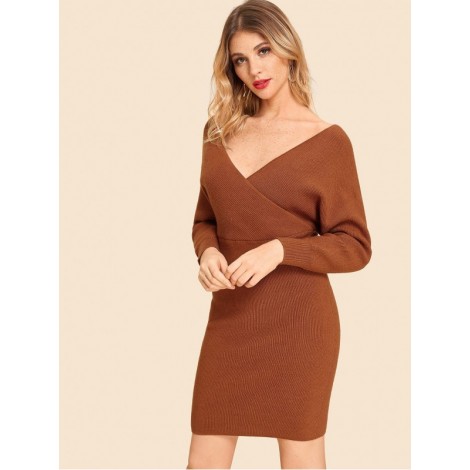 Double V Neck Slim Fitted Batwing Knit Dress