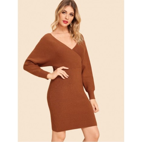 Double V Neck Slim Fitted Batwing Knit Dress