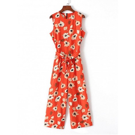 Flower Print Tie Waist Jumpsuit