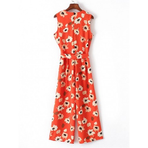 Flower Print Tie Waist Jumpsuit