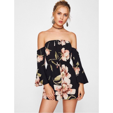 Bardot Flute Sleeve Florals Romper