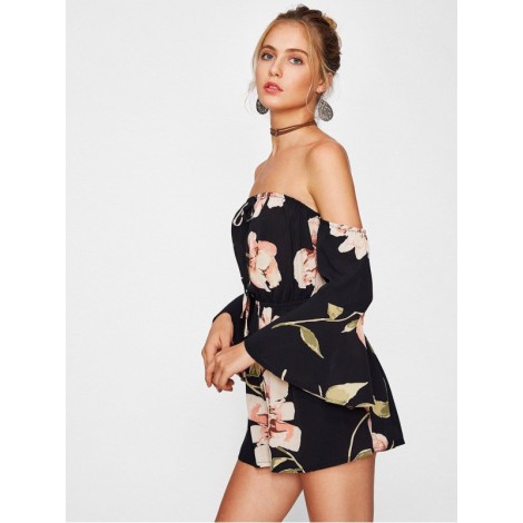 Bardot Flute Sleeve Florals Romper