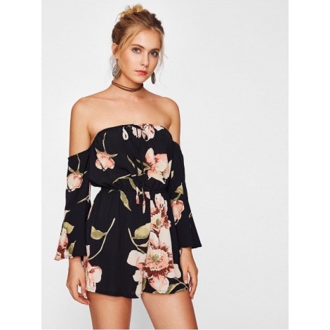 Bardot Flute Sleeve Florals Romper