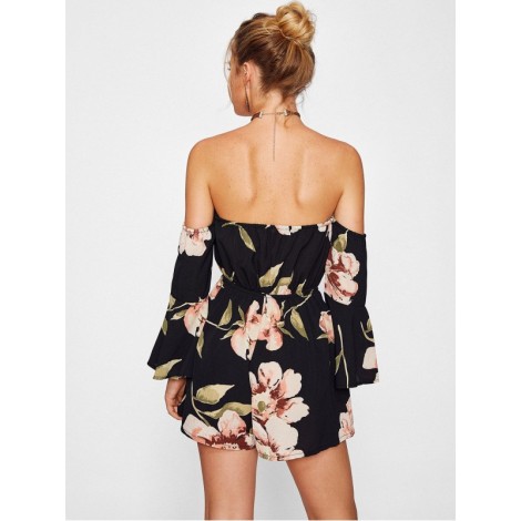 Bardot Flute Sleeve Florals Romper