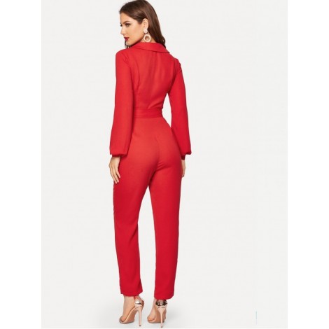 Button Front V Neck Belted Jumpsuit