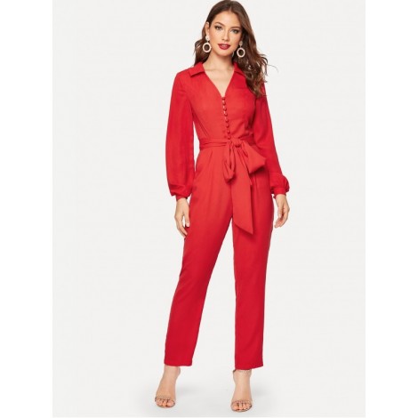 Button Front V Neck Belted Jumpsuit