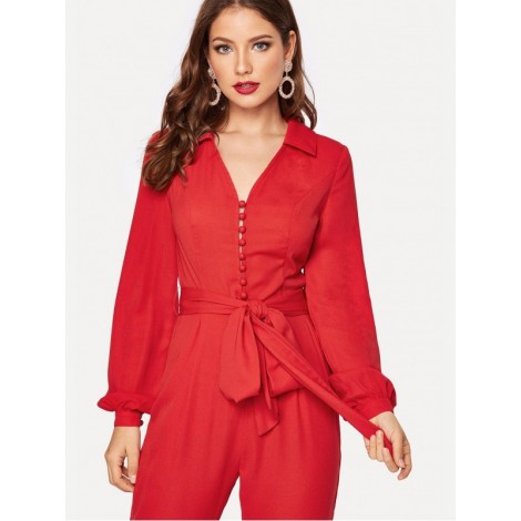 Button Front V Neck Belted Jumpsuit