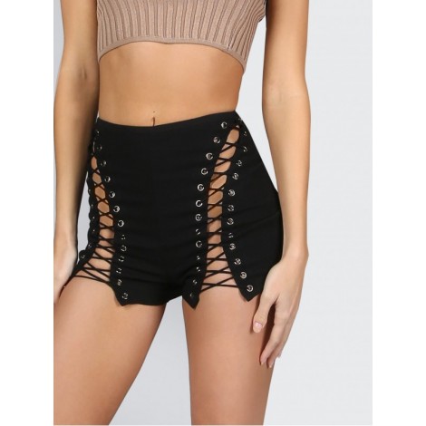 High Waist Lace Up Grommet Shorts