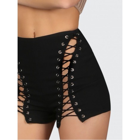 High Waist Lace Up Grommet Shorts