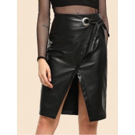 80s Slit Overlap Hem PU Skirt