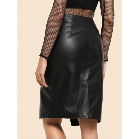 80s Slit Overlap Hem PU Skirt