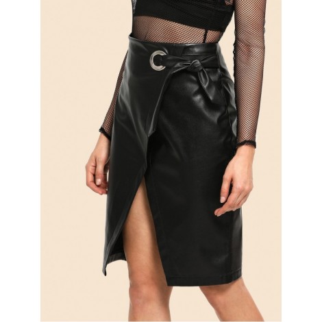 80s Slit Overlap Hem PU Skirt