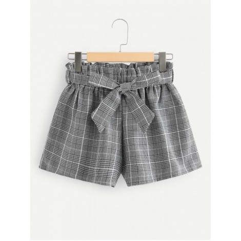 Frill Trim Self Tie Waist Checked Shorts