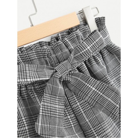 Frill Trim Self Tie Waist Checked Shorts