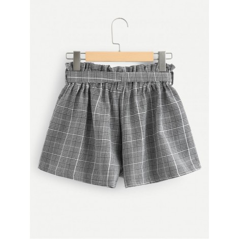 Frill Trim Self Tie Waist Checked Shorts