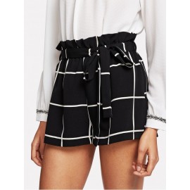 Ruffle Waist Self Belt Grid Shorts