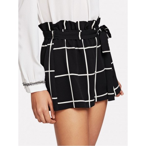 Ruffle Waist Self Belt Grid Shorts