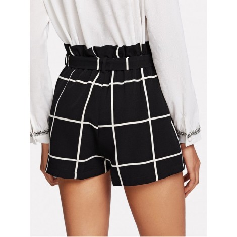 Ruffle Waist Self Belt Grid Shorts