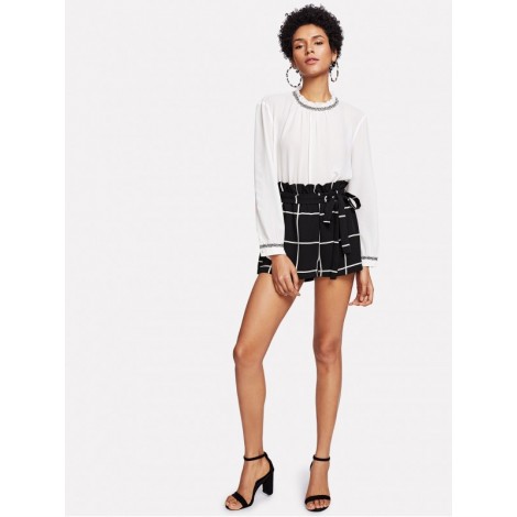 Ruffle Waist Self Belt Grid Shorts