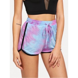 Contrast Binding Tie Dye Curved Hem Shorts