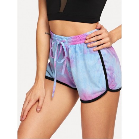 Contrast Binding Tie Dye Curved Hem Shorts