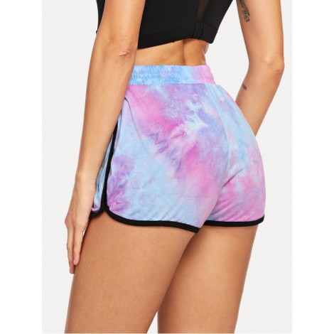 Contrast Binding Tie Dye Curved Hem Shorts