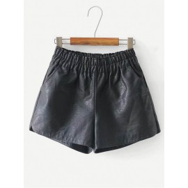 Elastic Waist Solid Pu Shorts