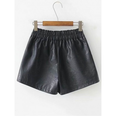 Elastic Waist Solid Pu Shorts