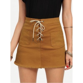 Lace-Up Fly Dual Pocket Raw Hem Skirt - Yellow