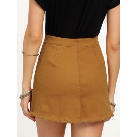 Lace-Up Fly Dual Pocket Raw Hem Skirt - Yellow